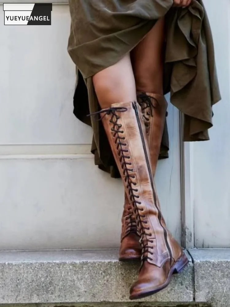 Designer Fashion Shoes Lace Up Zipper Women Cowskin Genuine Leather Boots Round Toe Autumn Female Vintage Knight Knee High Boots product photo