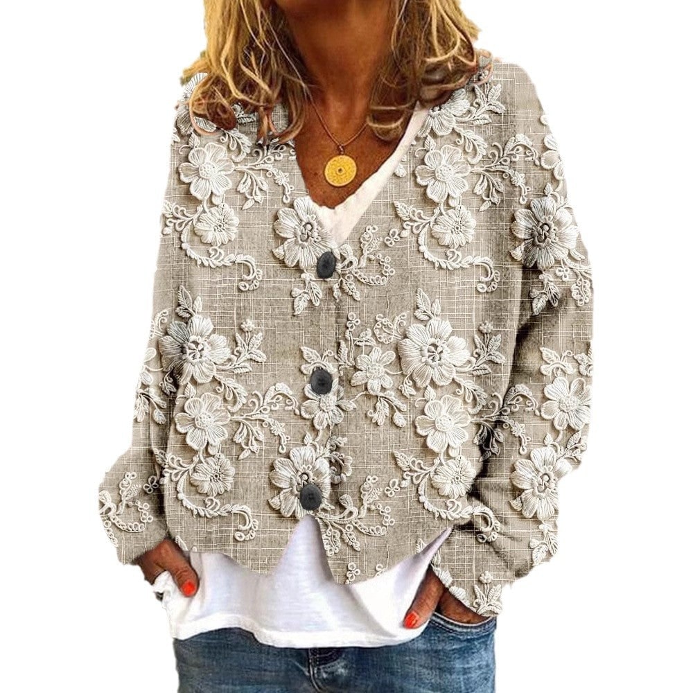 Digital Printing Thick Needle Women's Large V-neck Cardigan Short Long-sleeved Sweater product photo