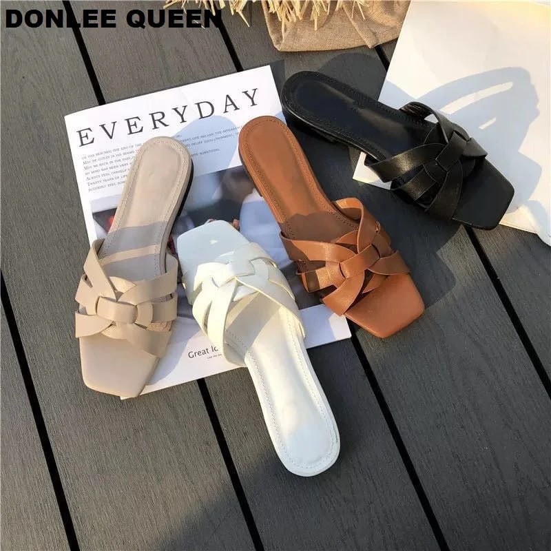 DONLEE QUEEN Women Brand Slippers Summer Slides Open Toe Flat Casual Shoes Leisure Sandal Female Beach Flip Flops Big Size 35-41 product photo