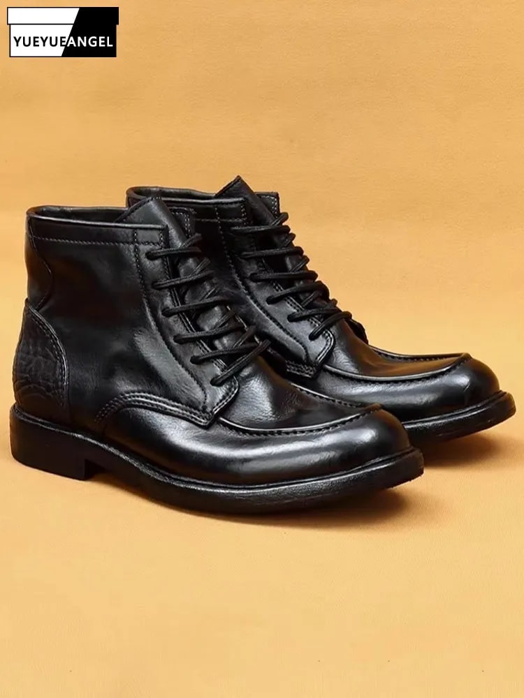 England Style Fashion Genuine Leather Boots – Handmade Cowhide Lace-Up Shoes product photo