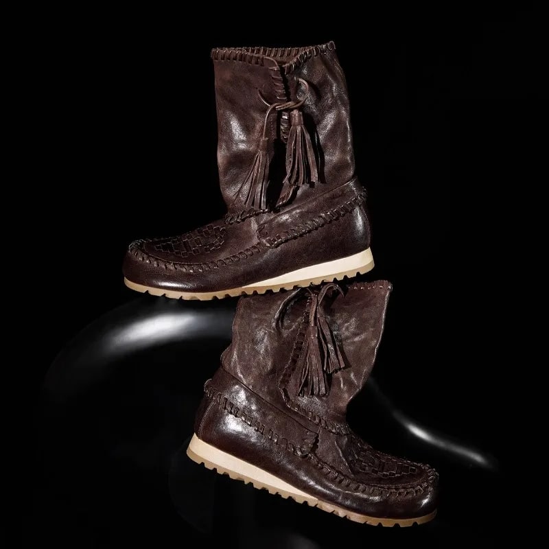 Fashion Genuine Leather Western Boots – Retro Ethnic Tassel Style product photo