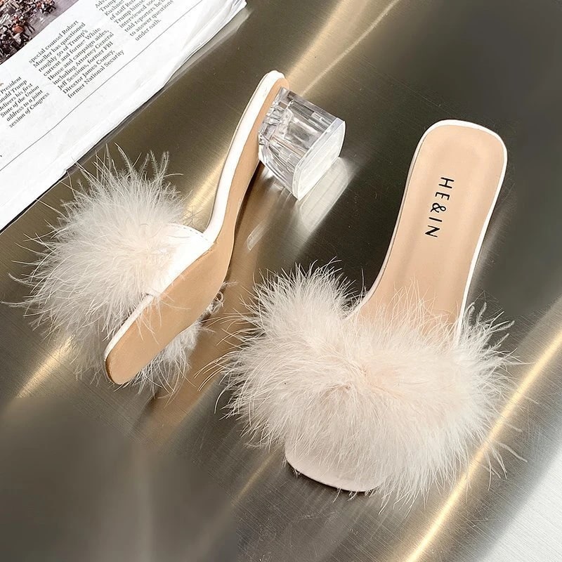 Fashion Slippers Women's Summer New Open Toe Plush Fox Fur Chunky with Flip Flops Sexy Home Banquet Square Toe Simple Pumps product photo