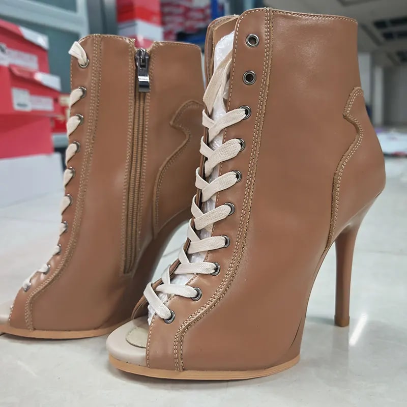Fashion Summer Genuine leather Jazz Dance Shoes Sexy High Heels Peep Toe Ankle Boots For Women new brown Sandals Female product photo