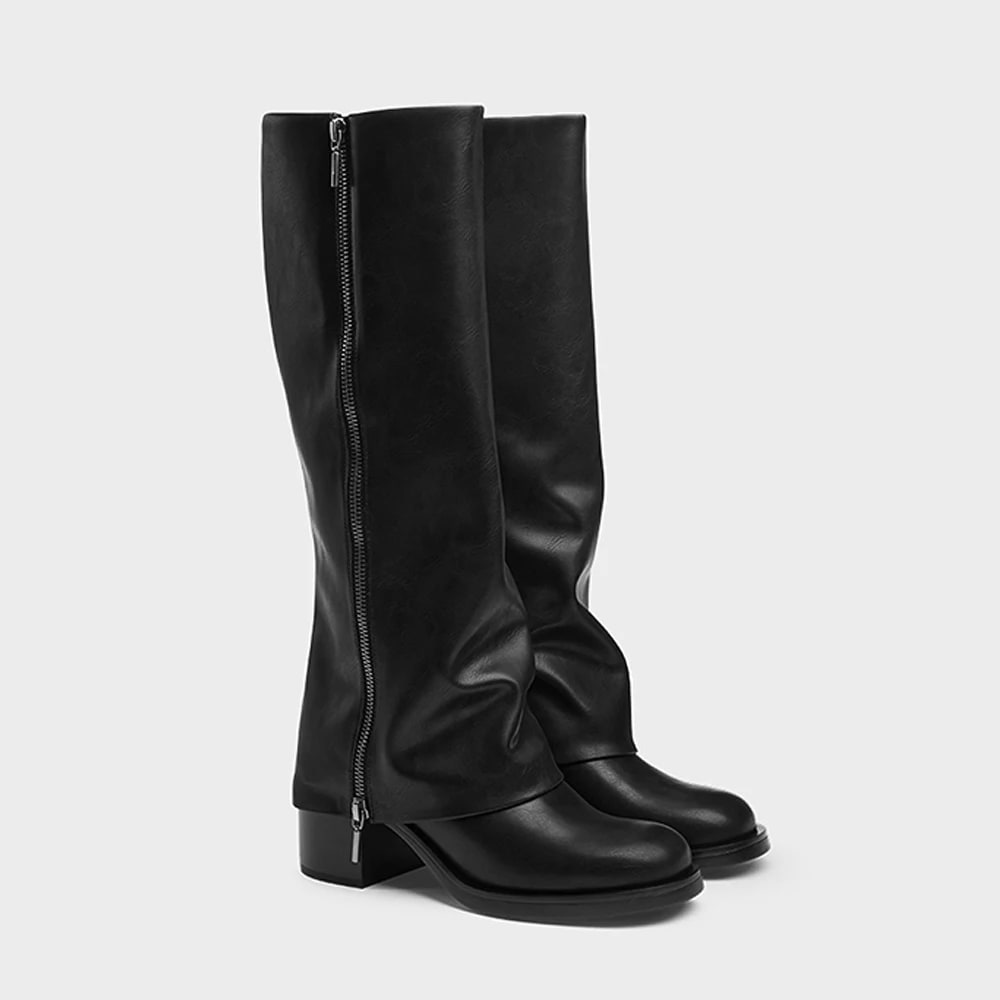 FWRD Slouchy Knee-High Zipper Boots – Chunky Heel Streetwear product photo