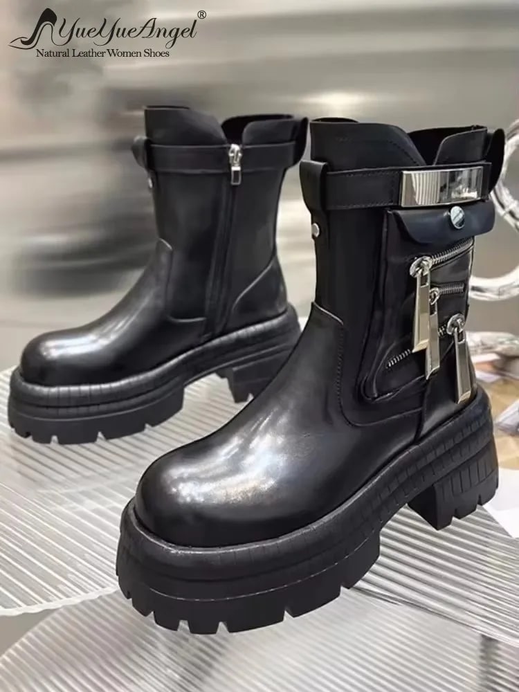 Genuine Leather Platform Motorcycle Boots – British Style Punk Shoes product photo