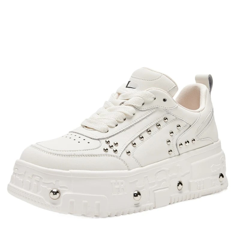 Genuine Leather Rivet Design Sneakers – Increased Thick-Sole Shoes product photo
