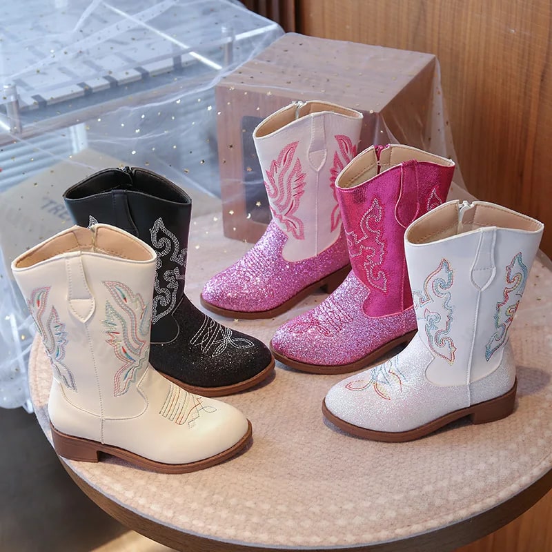 Girls' Glitter Western Cowboy Boots – Sparkling Mid-Calf Riding Shoes product photo