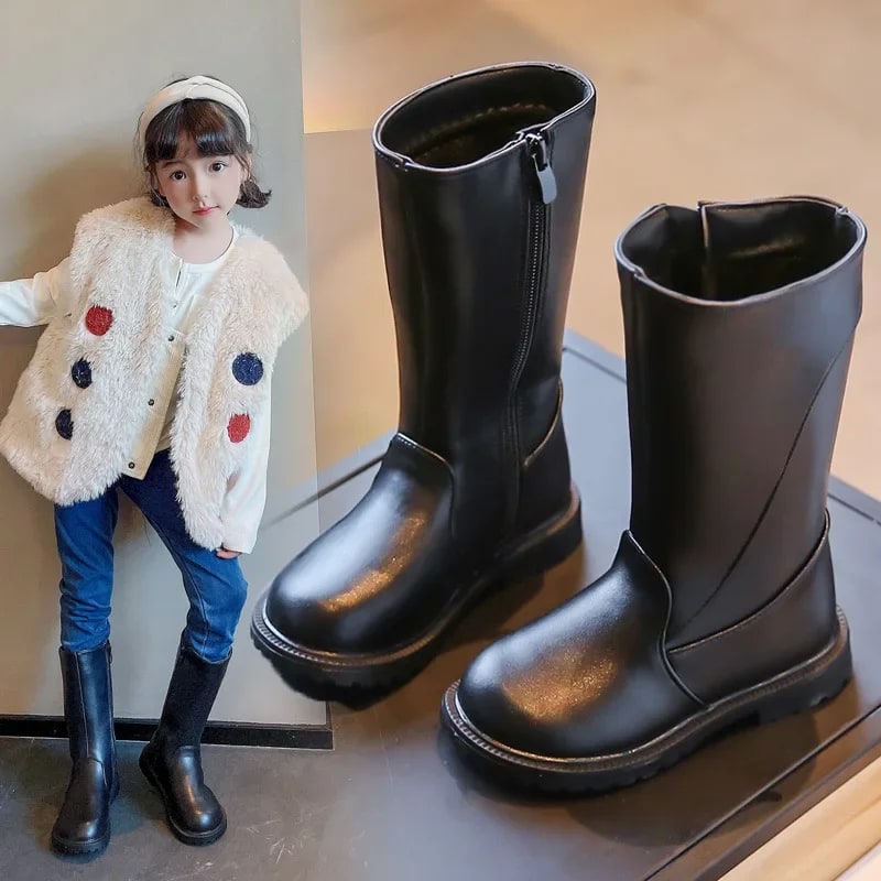Girls' Classic Black PU Leather Boots – Simple Winter Fashion product photo