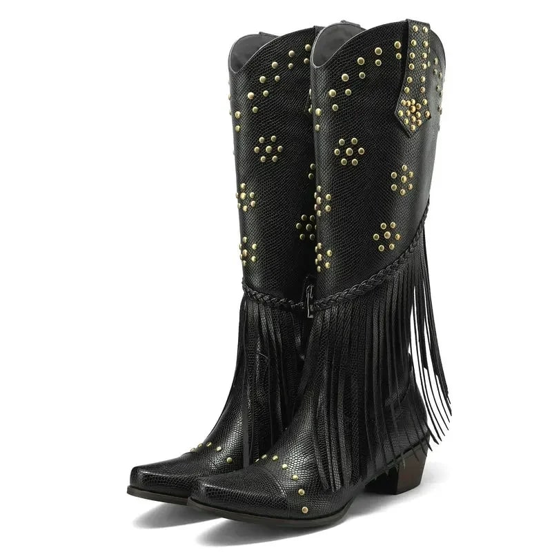 Goth Curved Toe Gold Dark Red Women Winter Fringed Shoes Knee-high Western Cowboy Woman Boots With Tassels Metal Button Studded product photo