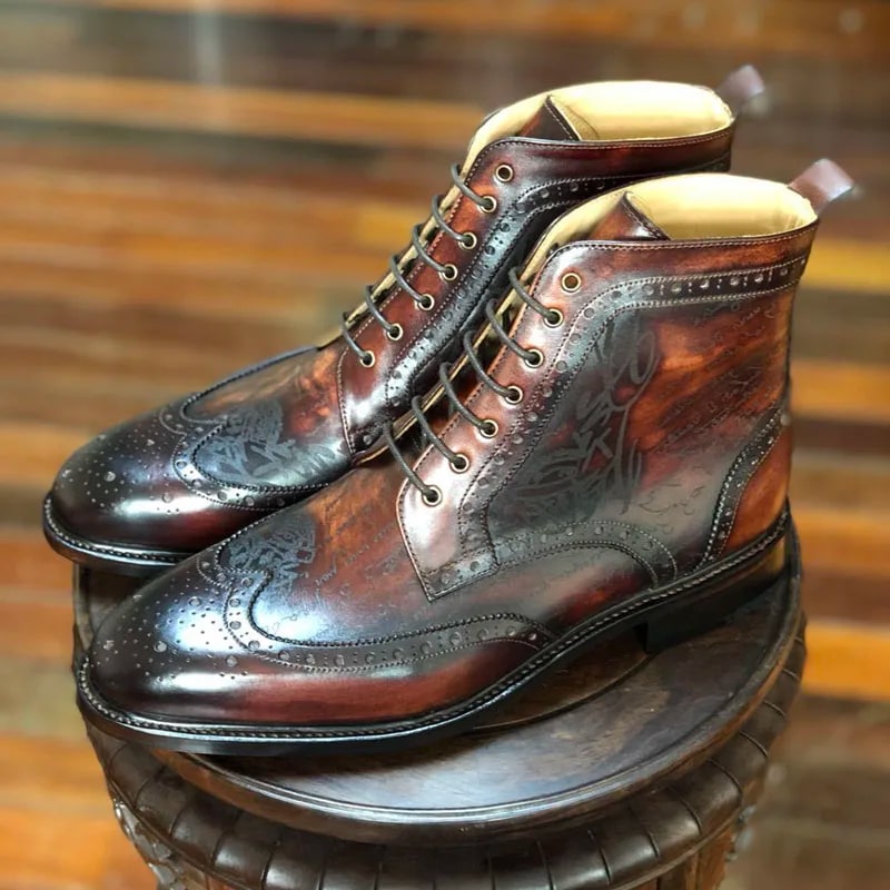 Hand Painted Men's Brogue Boots – Artisanal Welted Leather Dress Shoes product photo