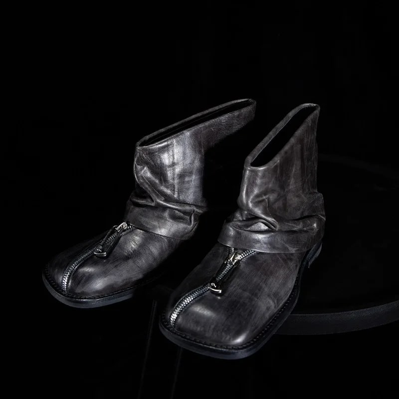 Handmade Genuine Leather Ankle Boots – Metal Punk Square Toe Style product photo