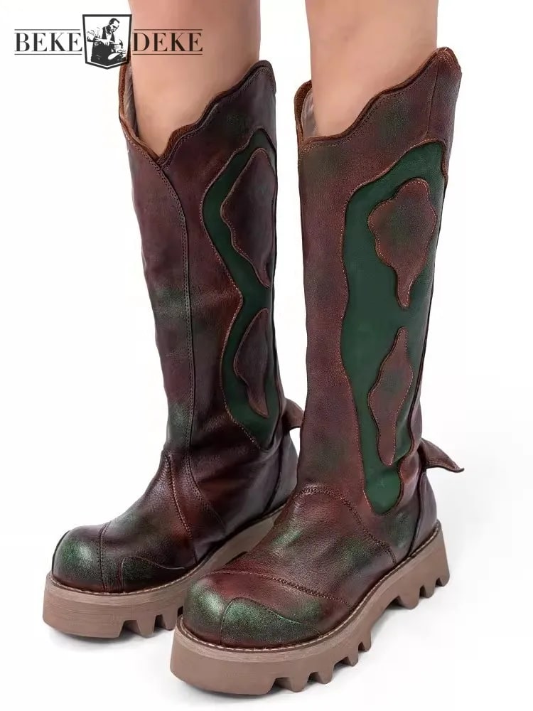 Handmade Men's Platform Riding Boots – Vintage Cowhide Punk Shoes product photo