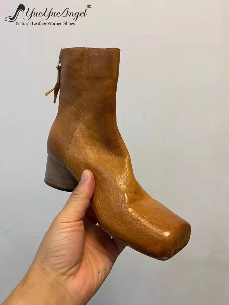 Square Toe Horsehide Ankle Boots – Elegant Block Heel Style product photo