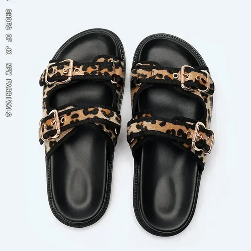 High Quality Leopard Metal Buckle Design Women Slippers Sexy Comfort Non Slip Slide Sandals Summer Size 43 Platform Flip Flops product photo