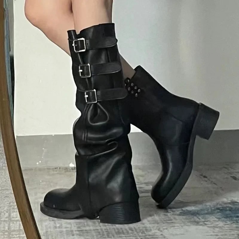 High Quality Wasteland Punk Y2k Gothic Style Vintage Motorcycles Western Boots for Women Black Rivets Knee High Boot Shoes product photo