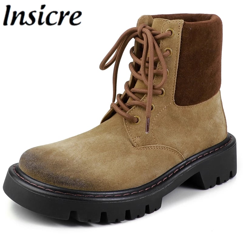 Handmade Cow Suede Ankle Boots – 2025 Fashion Lace-Up Winter Shoes product photo