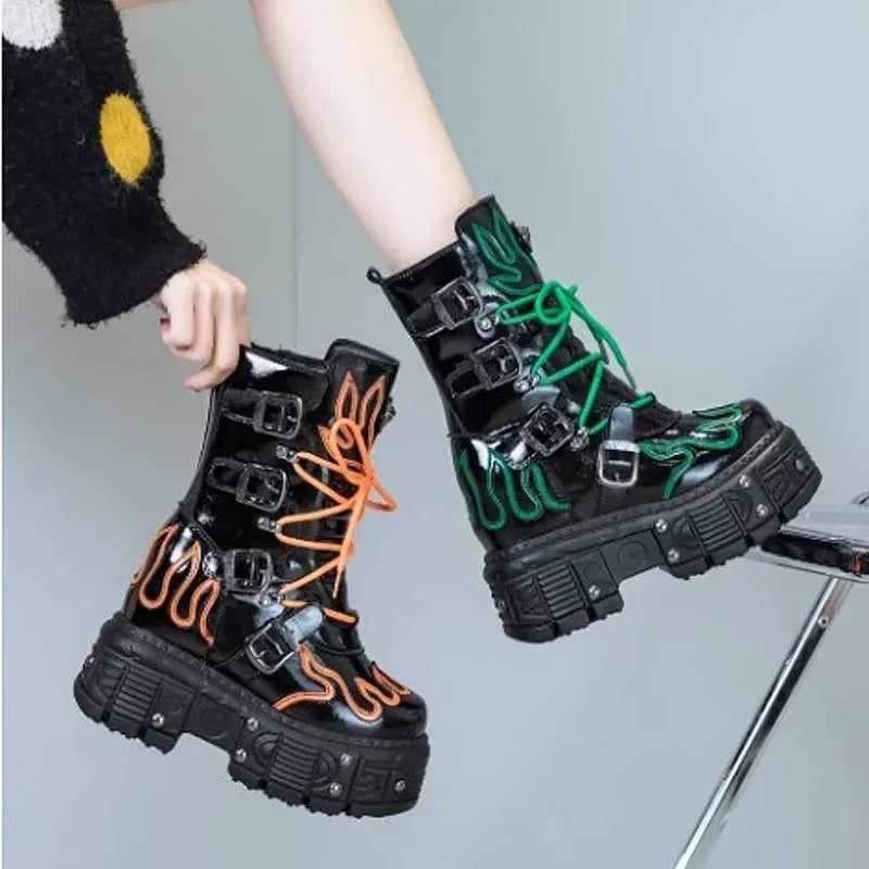 Krasovki 12cm Patent Genuine Leather Motorcycle Boots Women Boots Platform Wedge Ankle Punk Knee High Booties Women Combat Boots product photo
