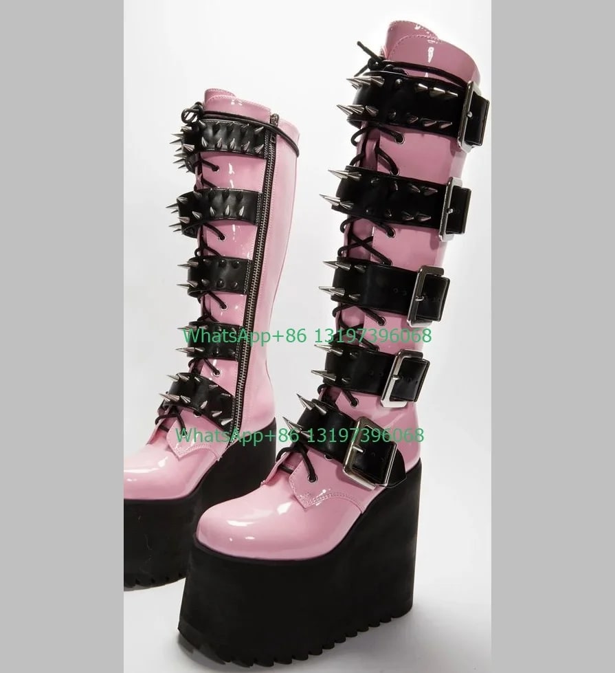Lady pink Mary Jane stud platform Y2K design boots metal lace-up calf boots PU hot pink punk style boots footwear high top boots product photo