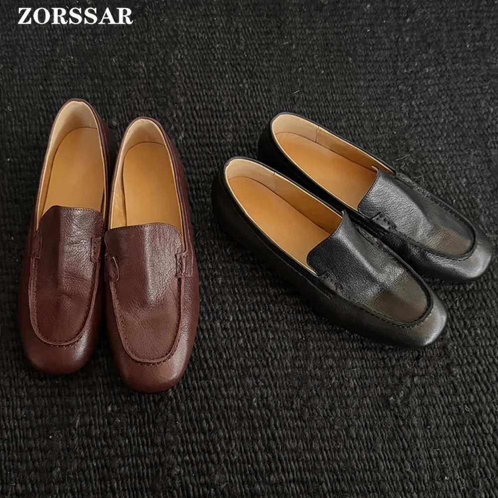 Loafers Women 2026 New Spring Round Toe One Foot Slip-on Shoes Women Genuine Leather Boat Shoes Soft Flats Shoes Women product photo