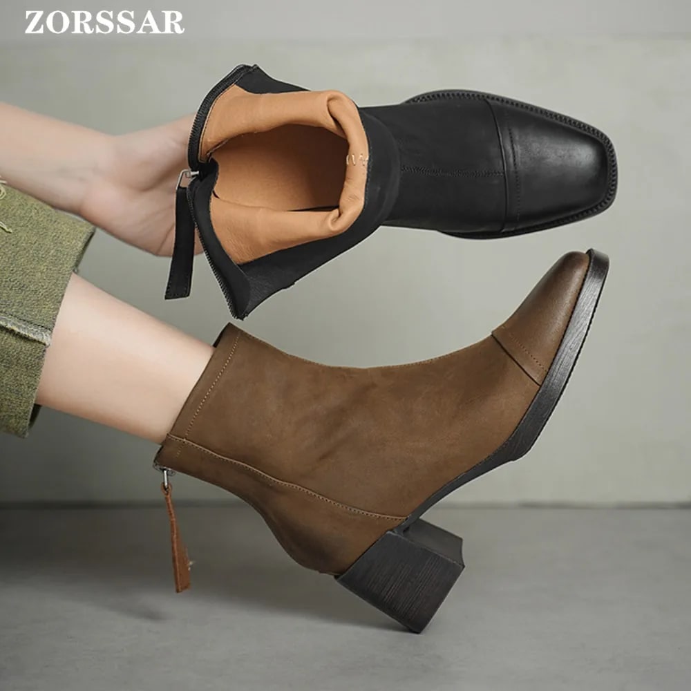 Luxury Leather Women Ankle Boots Back Brown Zipper Close Modern Boots High Heels Shoes Woman Boats Botines Para Mujeres product photo