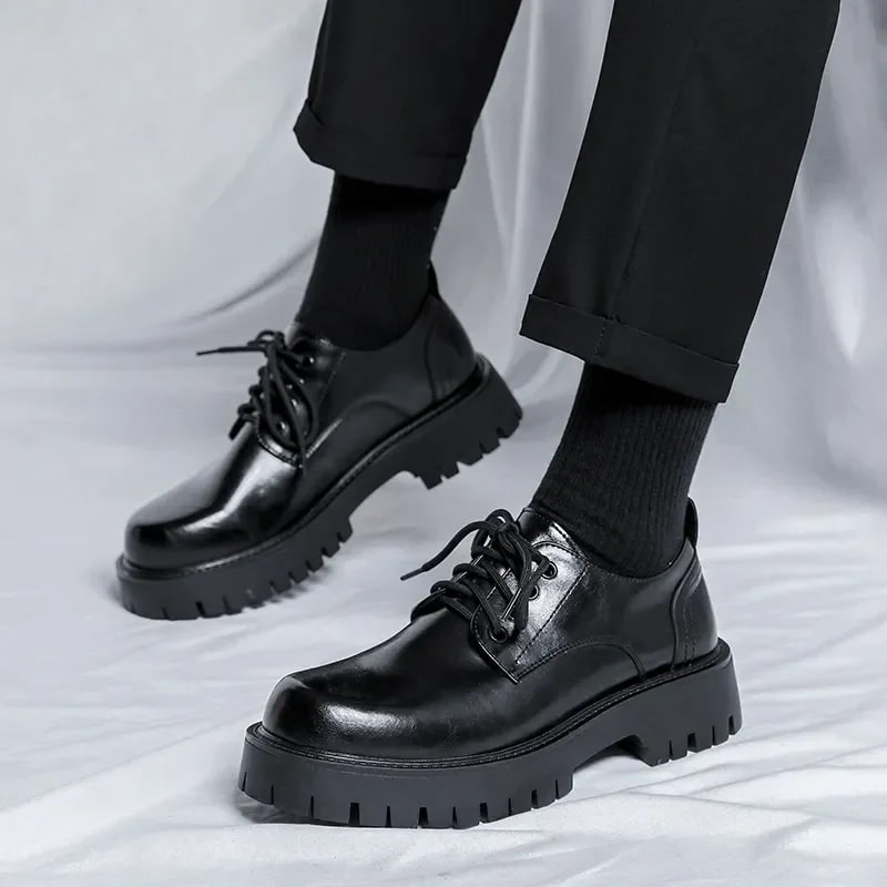 Men Korea Leather Platform Oxfords Slip On Thick Tottom For Male Derby Shoes Casual Loafers Mens Square Toe Formal Dress Shoes product photo