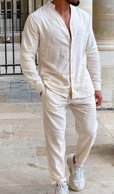 Men's Long Sleeve Suits Solid Color V-neck Pullover Tops And Straight Pants Casual Two Piece Set For Daily Wear Clothing product photo