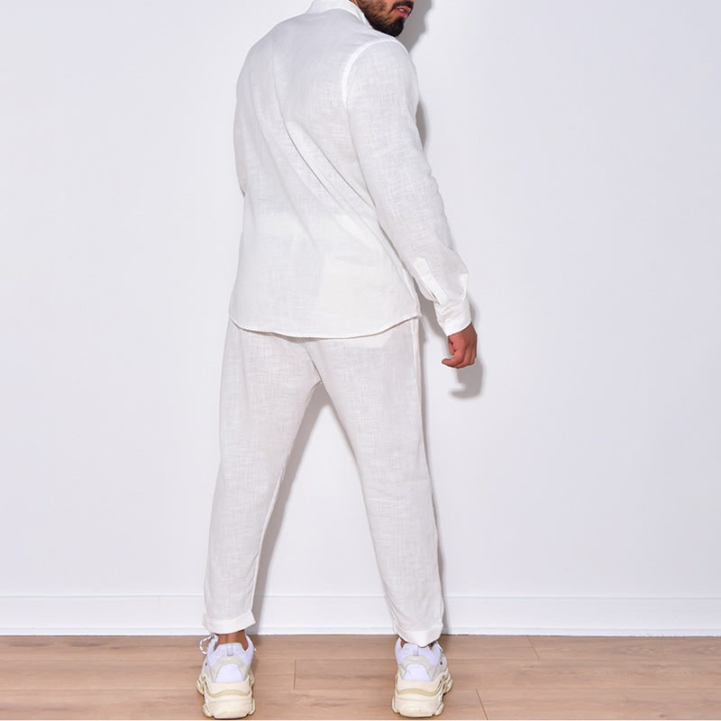 Men's Long Sleeve Suits Solid Color V-neck Pullover Tops And Straight Pants Casual Two Piece Set For Daily Wear Clothing product photo