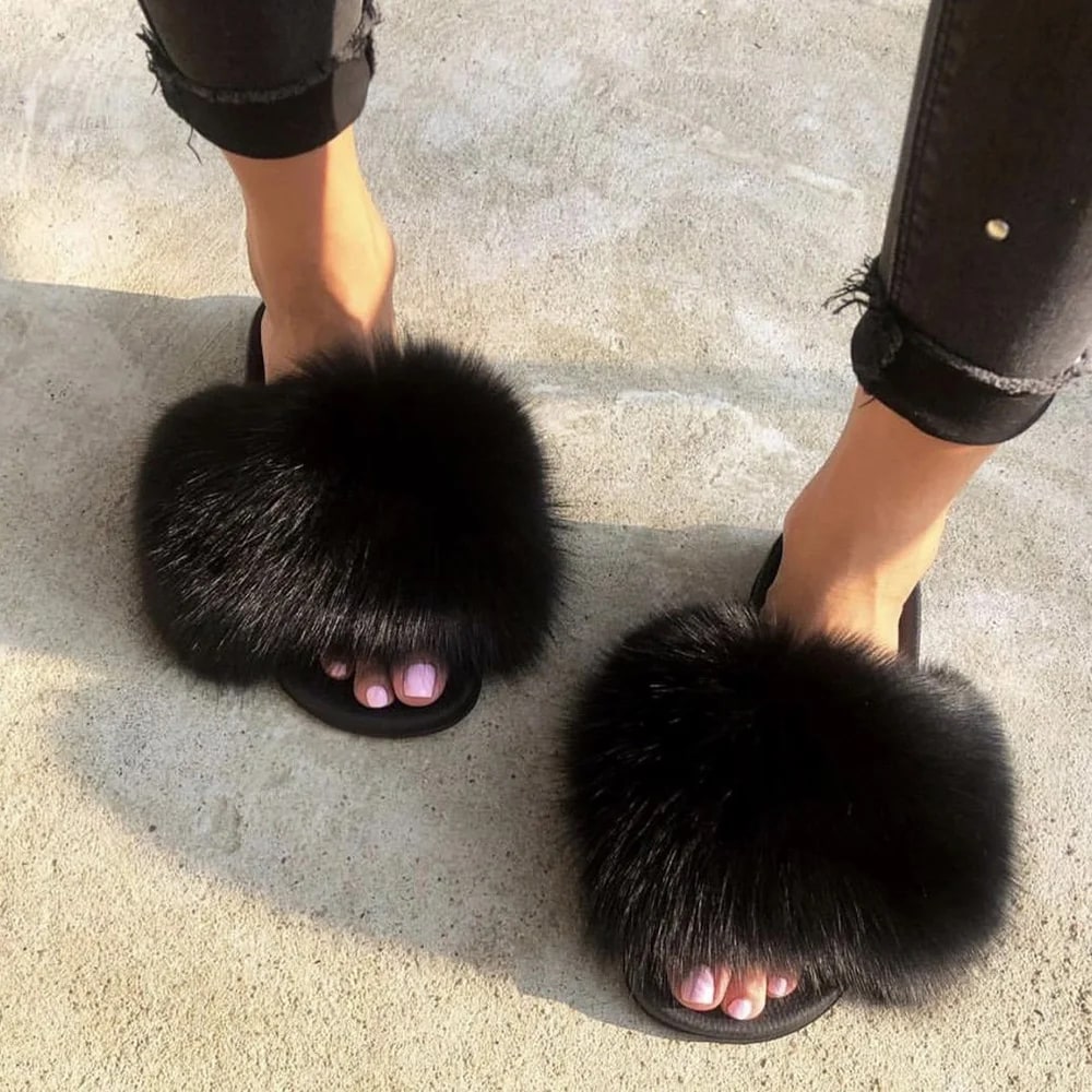 MPPM Real Fox Fur Slides for Women Luxury Designer Sandals On Summer Furry Slippers Flip Flops Shoes Plus Size Shoes product photo