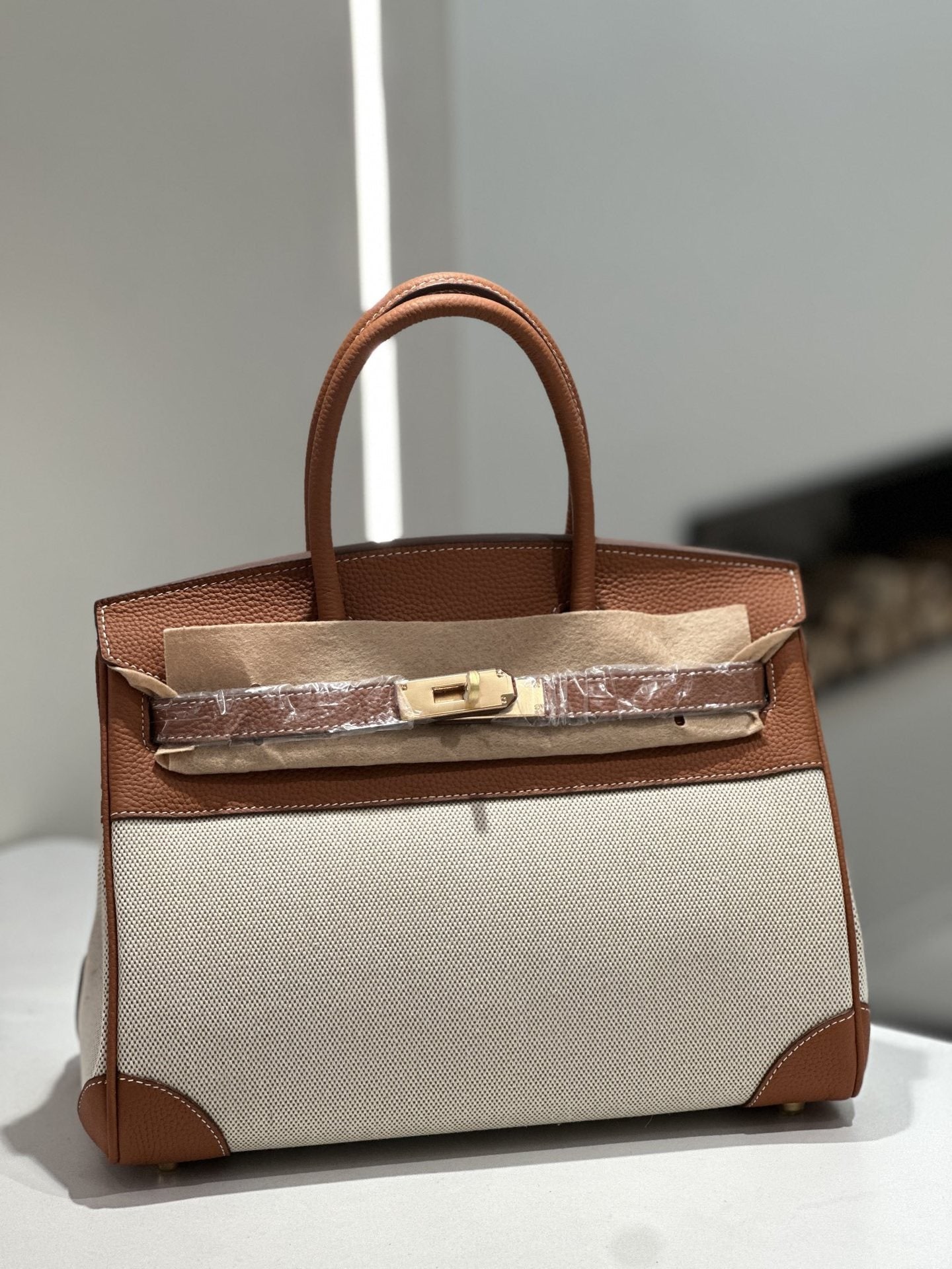 New Cross-border Genuine Leather Birkin Bag, Cowhide With Fabric Large Tote, Commuter Handbag With A High-end Kelly Bag Feel product photo