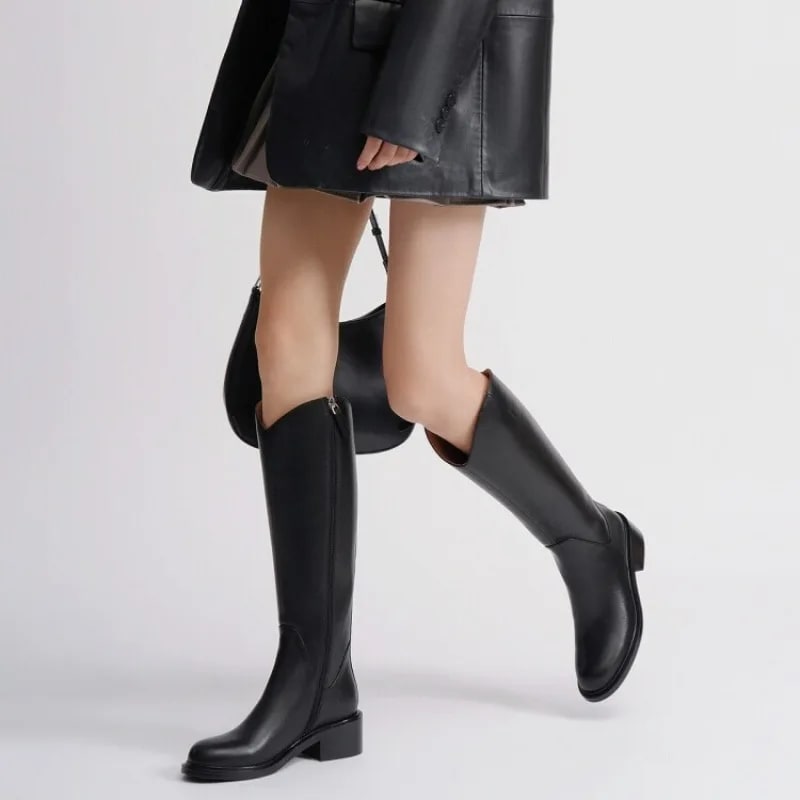 Genuine Leather Knee-High Knight Boots – British Style Round Toe product photo