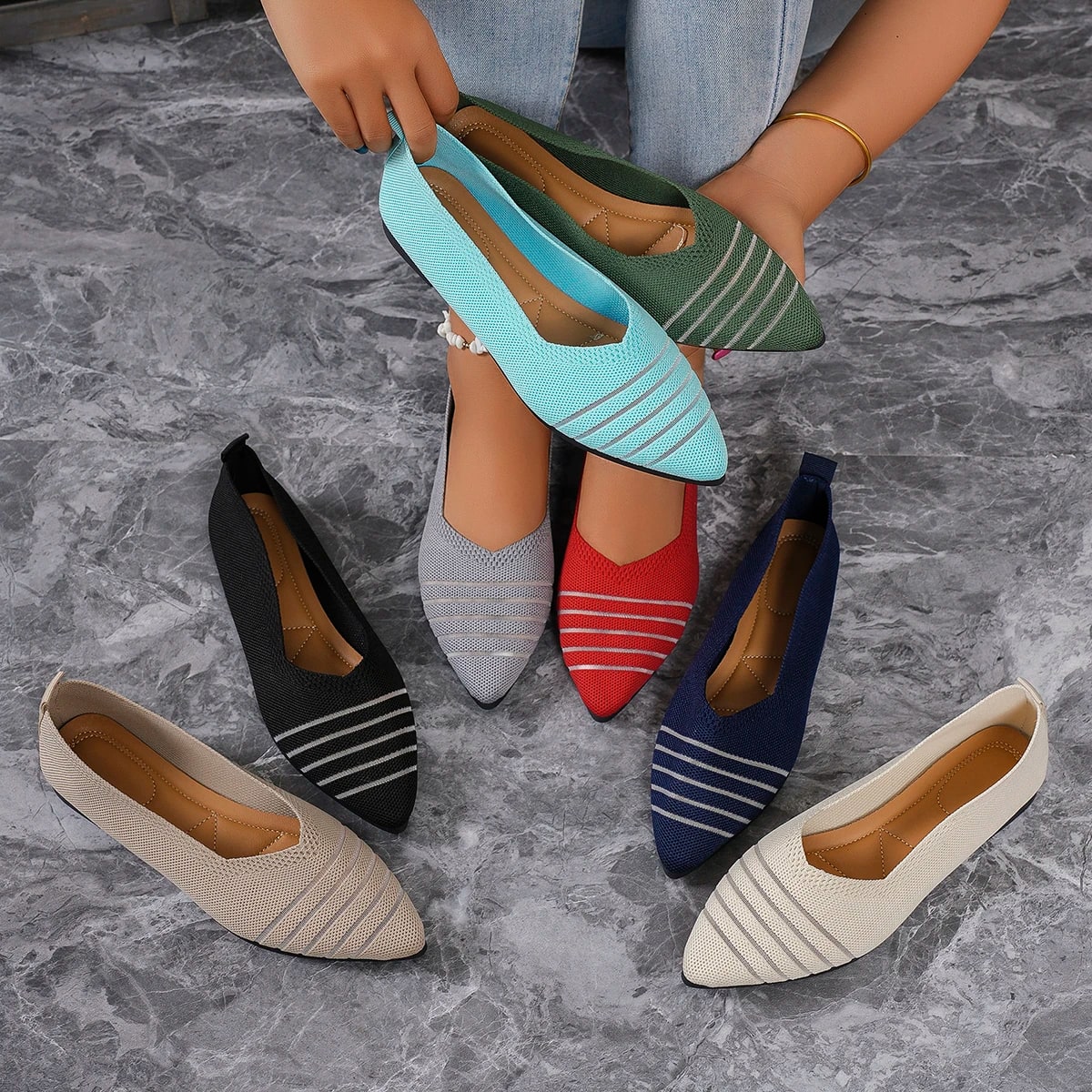 New Fashion Pointed Toe Flat Office Boat Solid Color Knitted Slip on Shoes Casual Ballet Flats Shoes Women Loafers Zapatos Mujer product photo