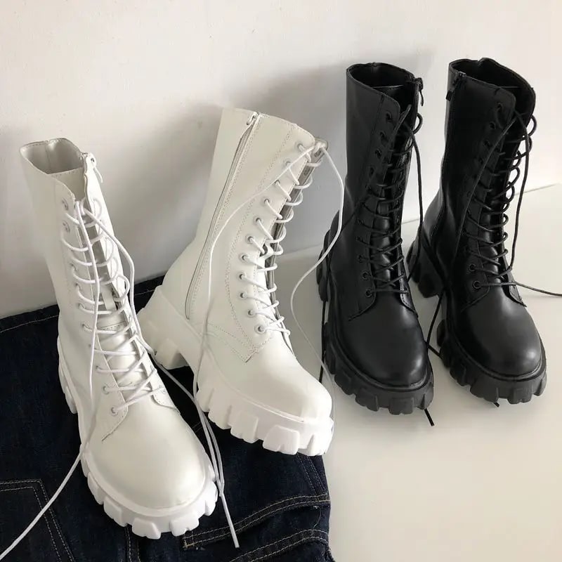 New Mid Calf Boots Women Autumn Winter Fashion Lace-up Ladies Chelsea Zipper Botas Mujer Boots Sports Platform Heel Ladies Shoes product photo