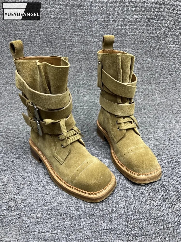 New Retro Womens Elegant Khaki Cow Suede Leather Comfortable Square Toe Boots Mid Heel Chunky Heels Ankle Boot Fashion Handmade product photo