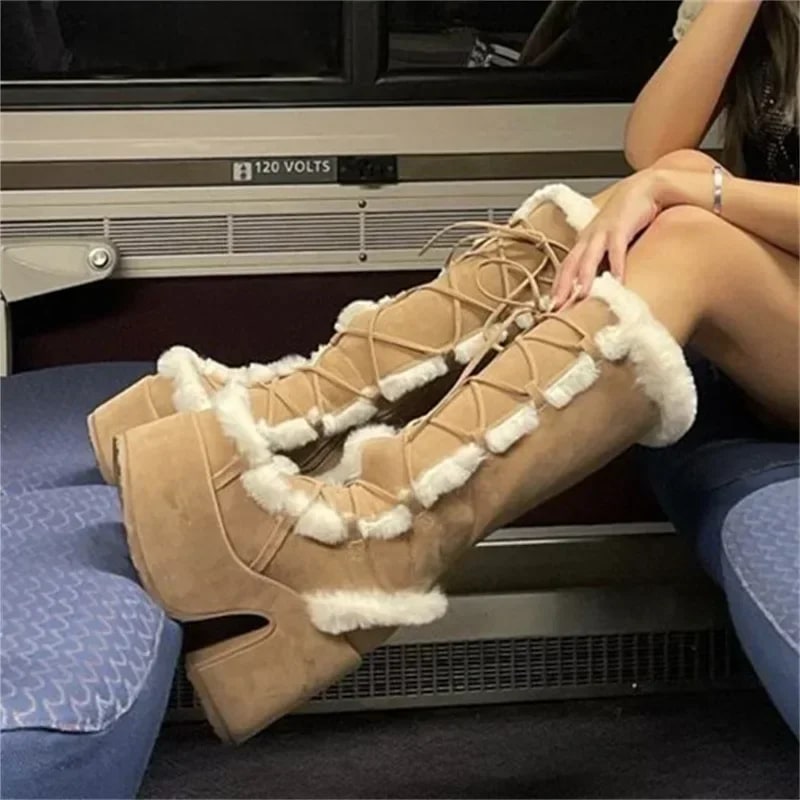 New Winter Women Snow Boots Platform Wedge High Heel Faux Fur Lady Shoes Female Plush Warm Non-slip Mid Calf Boots Goth Shoes product photo