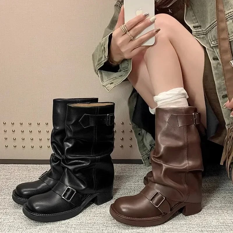Pleated Buckle Knight Boots – Brown PU Leather Mid-Calf Riding Shoes product photo
