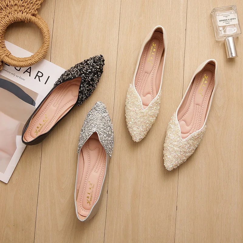 Pointed Toe Women's Summer 2025 New Rhinestone Flat Bottom Autumn Loafers Elegant Large Size Boat Shoes product photo