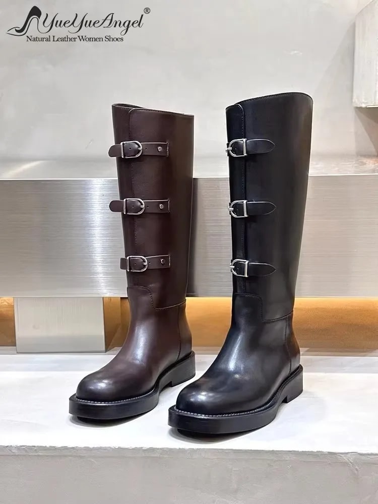 Punk Style Multi-Buckle Cowhide Leather Boots – Vintage Knight Style product photo
