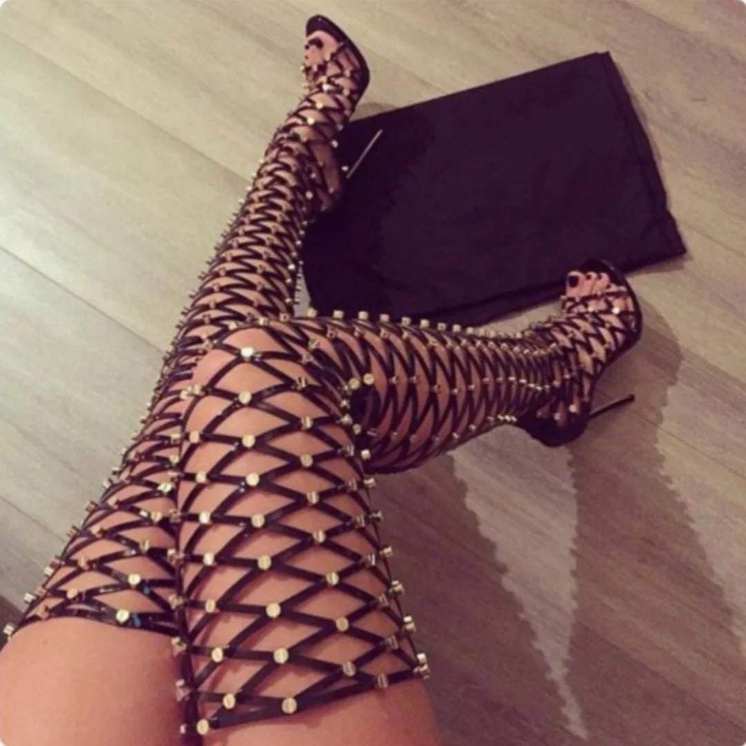 Rivets Hollow High-Heeled Sandals Boots For Women Black Solid Color High-Top Boats Female Lace-Up Fashion Show Style Sexy Shoes product photo
