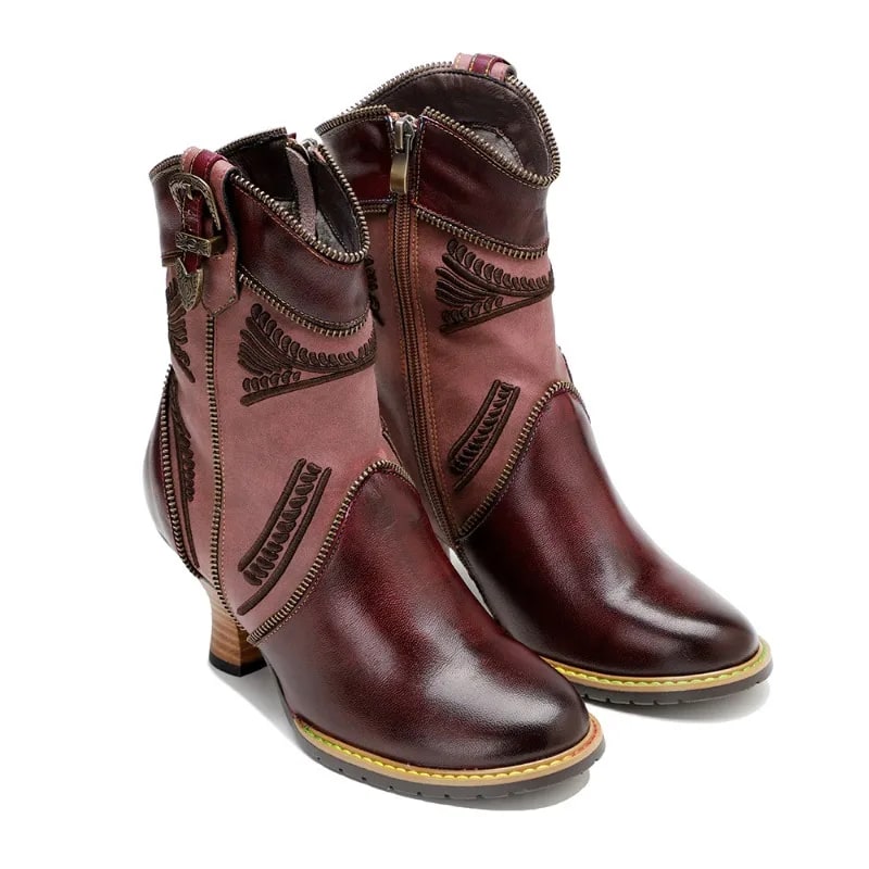 Sexy Patchwork Ankle Boots – Purple Red Genuine Leather Handmade Booties product photo