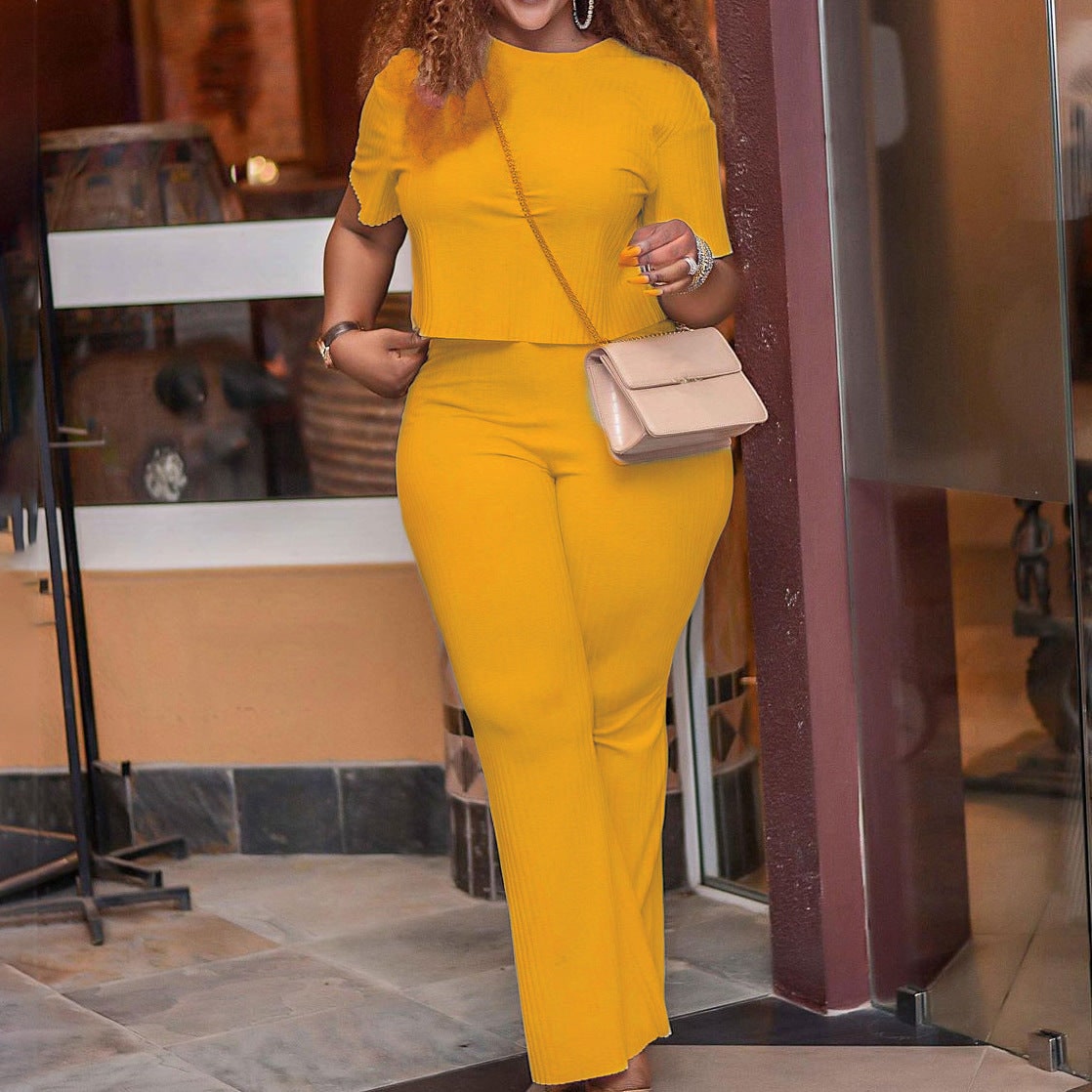 Short Sleeve Sunken Stripe Solid Color Casual Suit product photo