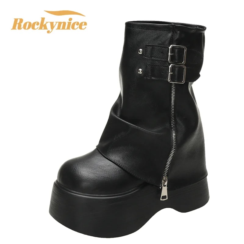 Soft Leather Ankle Mid Calf Boots Winter Autumn High Platform Wedge British Booties Woman New Ladies Chunky Motorcycle Boots 9CM product photo