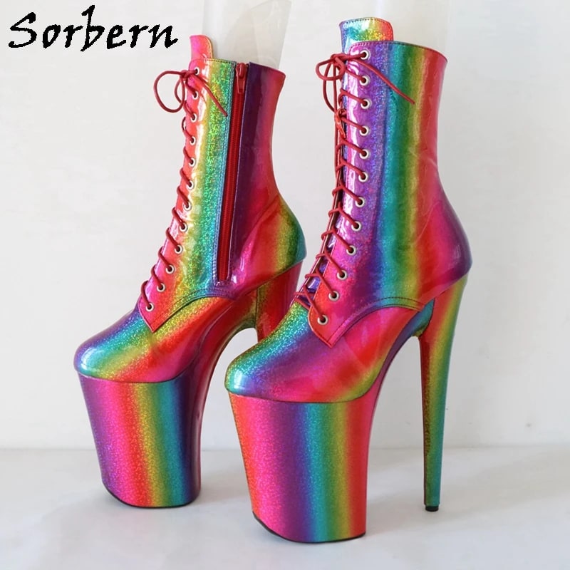Sorbern 23Cm High Heel Pole Dance Boots Ankle High Short Booties Rainbow Stripper Heels For Drag Queen Custom Colors product photo