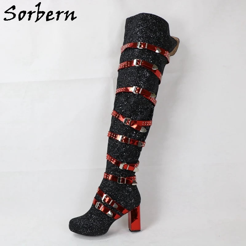 Sorbern Black Glitter Punk Boots – Thigh-High Holo Strap Style product photo