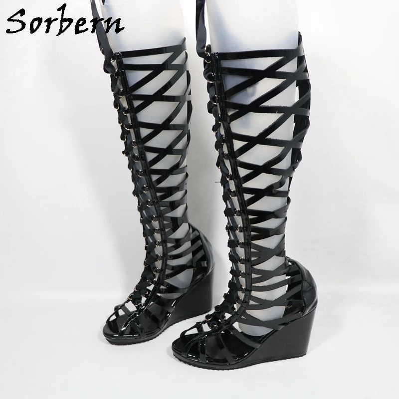 Sorbern Black Glossy Wedge Boots – Summer Hollow-Out Style product photo