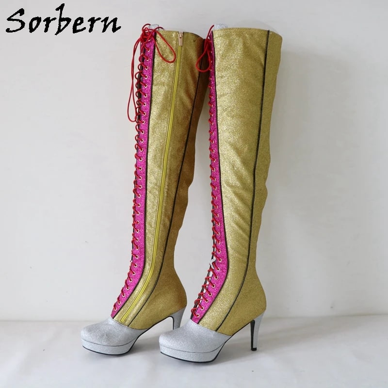 Sorbern Colorful Glitter Thigh High Boots Women High Heel Stilettos Custom Wide Calf Fit Shaft Length Over The Knee Ladies Boot product photo