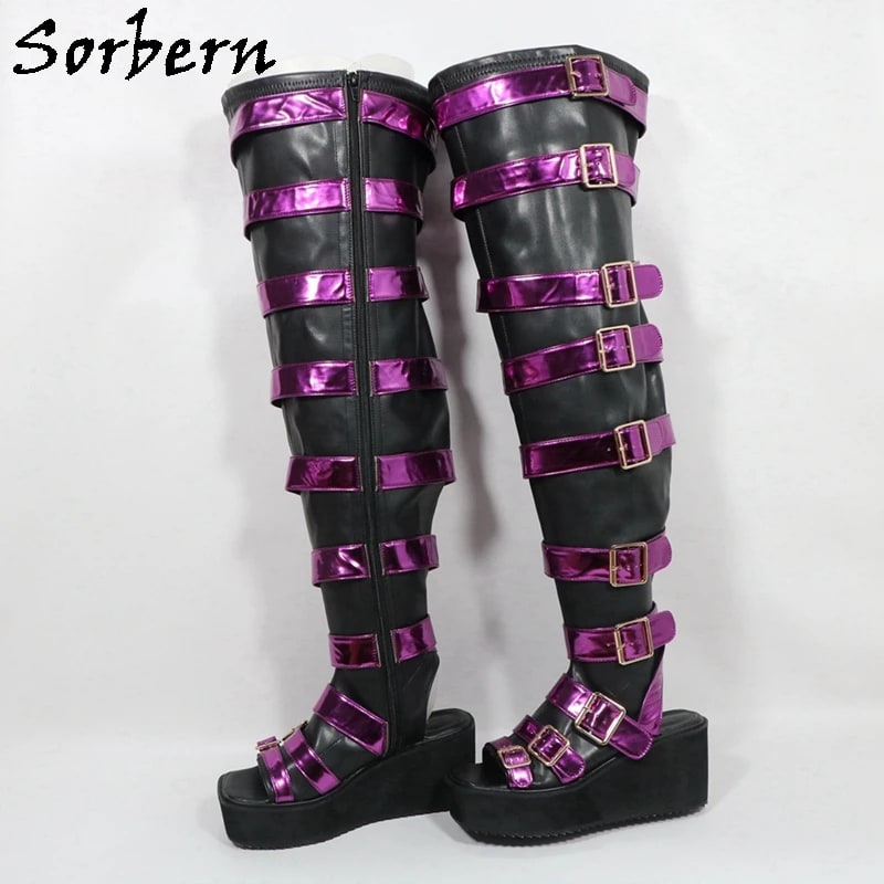Sorbern Flatform Wedge Mid Thigh High Boot Multi Straps Unisex Platform Shoes Open Toe Large Size Custom Wide or Slim Fit product photo