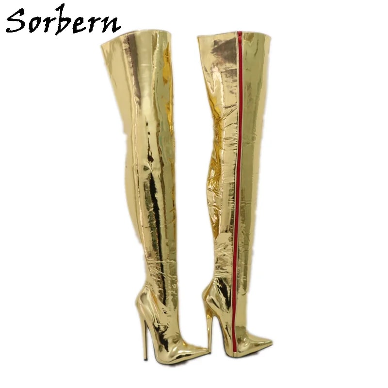 Sorbern Golden Crotch Thigh High Boots For Women Pointy Toes Ladies Boots Runway Shoes Thigh Boots Female Custom Wide Calf Size product photo