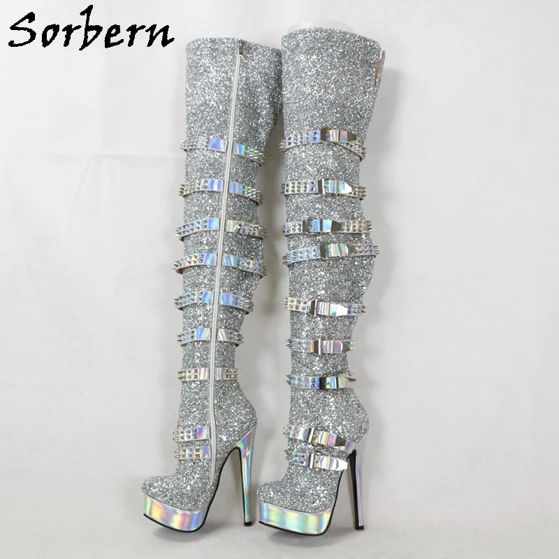 Sorbern Silver Glitter Punk Boots – Holo Over-The-Knee Custom Thigh Highs product photo