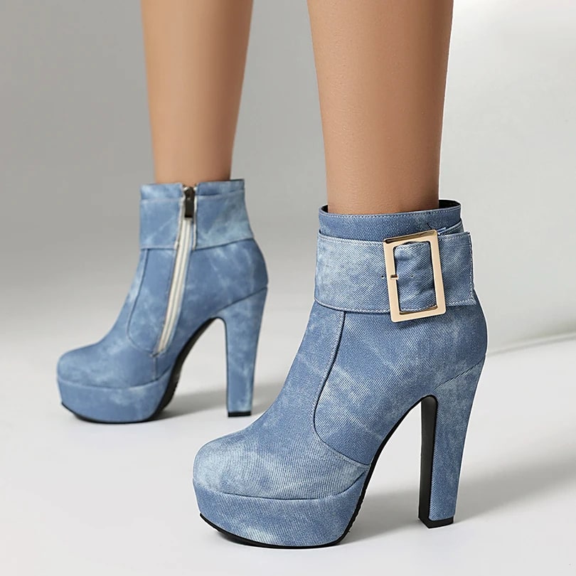 Square Metal Decal Denim Ankle Boots product photo
