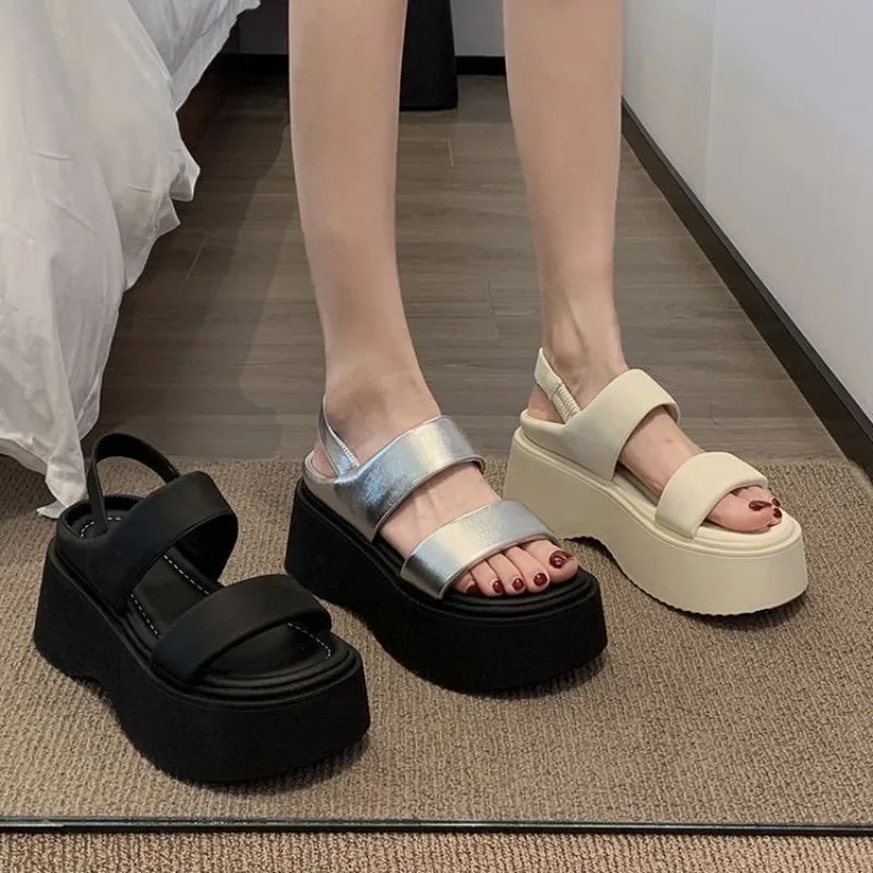 Summer 2025 Chunky Sandals Women's Wedge Heels Slides 8CM High Heels Leather Casual Woman Beach Thick Bottom Flip Flops product photo